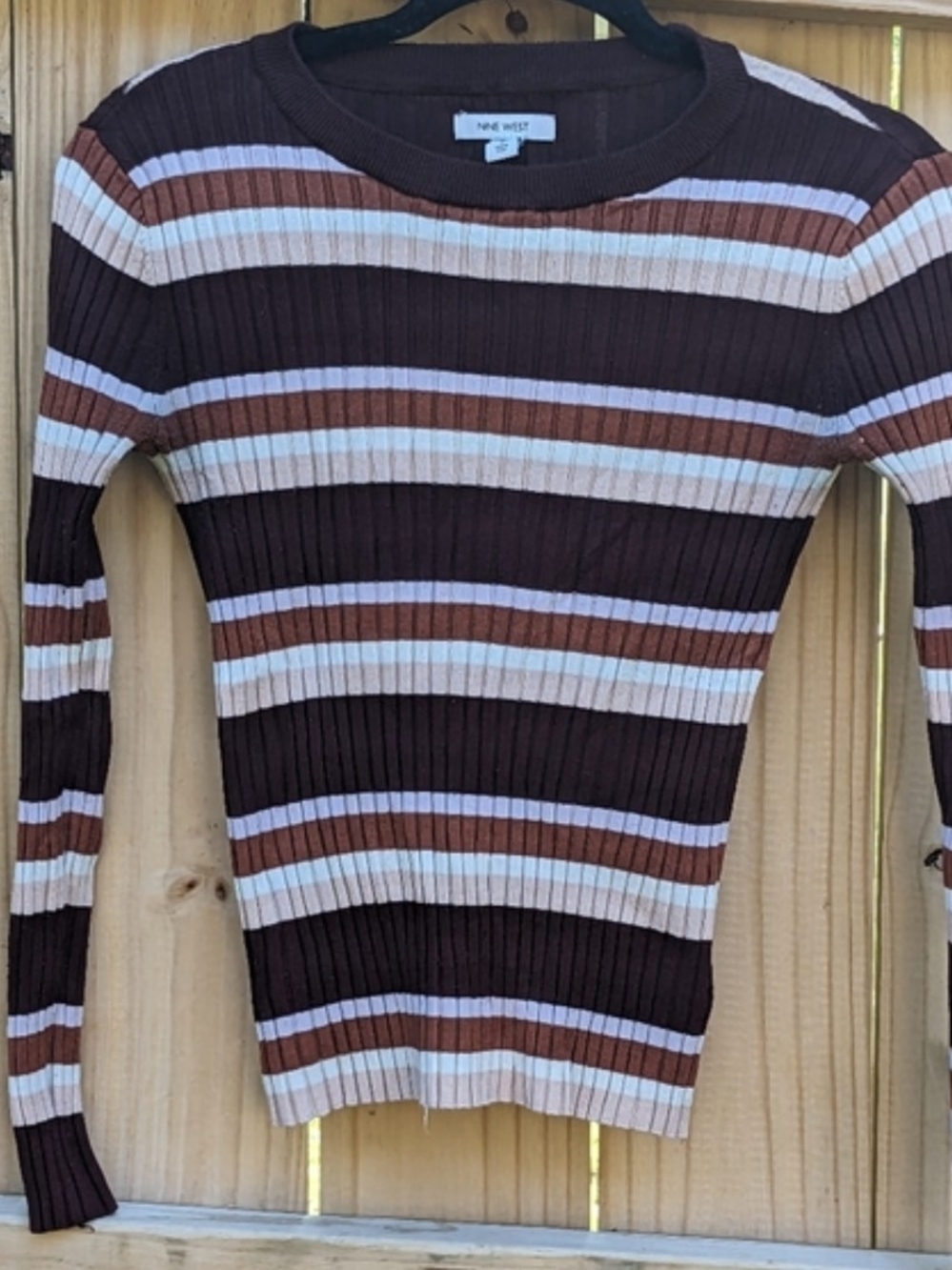 Nine West Brown, Cream & Burgundy Striped Ribbed Crew Sweater